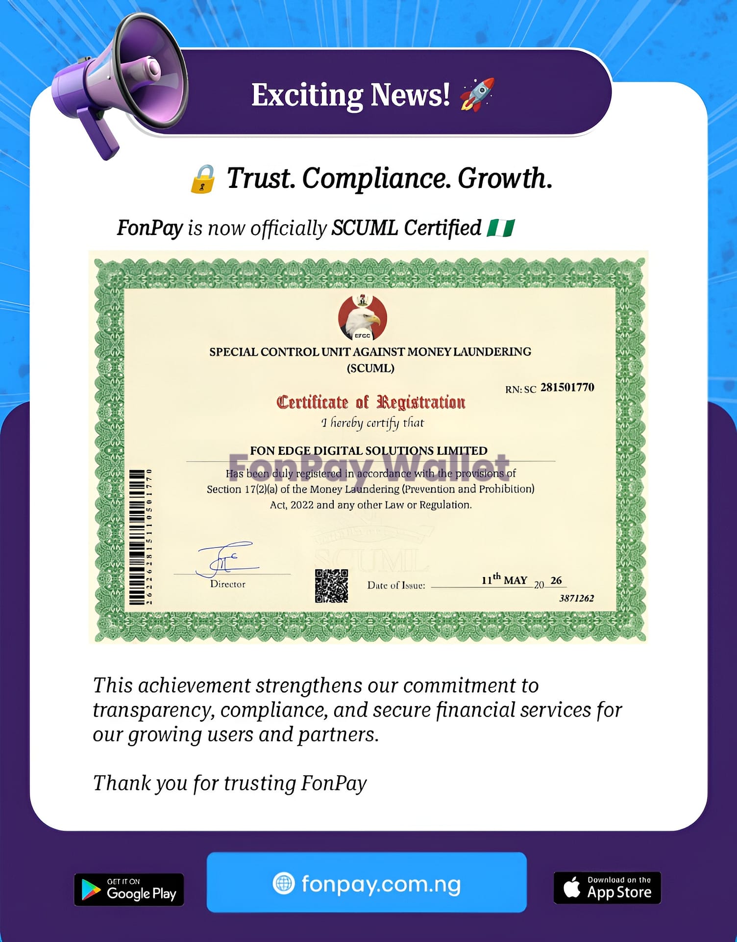 FonPay SCUML Certification Certificate
